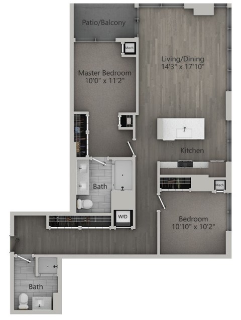 Floor plan for 2 beds, 2 baths, 1128 sqft
